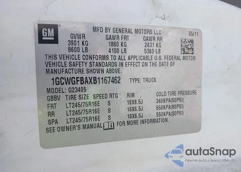 2011 Chevrolet Express 2500 Work Van z USA, uszkodzony, nr VIN 1GCWGFBAXB1167462